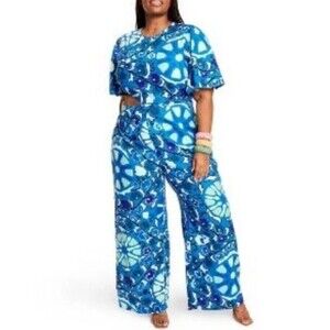 Rhode Womens Blue Jumpsuit Overall Romper 3X Floral Linen Cut Out Wide Leg NWT